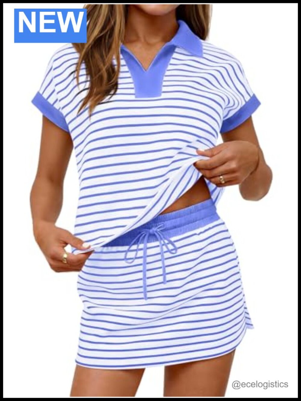 Women's Striped 2 Piece Lounge Set Short Cap Sleeve Polo Top Skort Elastic Waist
